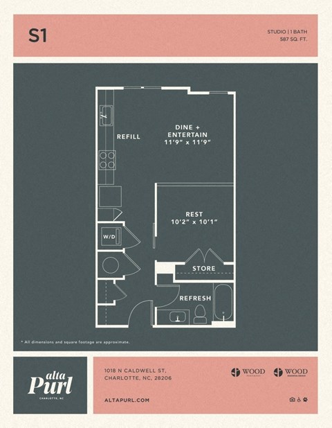 Floor plan for 1 bed, 1 bath, 587 sqft